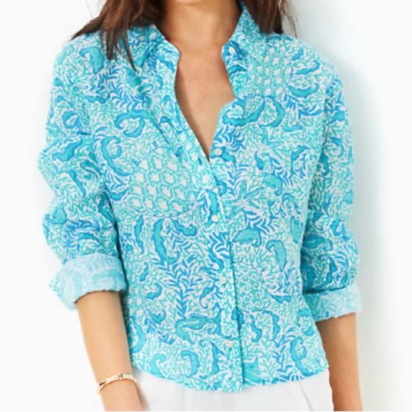 Lilly Pulitzer Tops - Lilly Pulitzer Coralynn Button Down Shirt Resort White Goombay Grooves Sz L